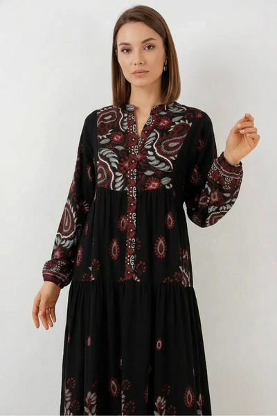 Şeker Portakalım Women's High Collar, Gathered Waist, Authentic Patterned Vis...