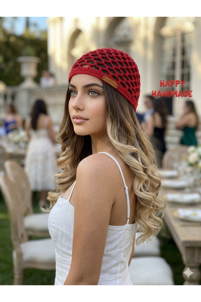HAPPY HANDMADE Viral Kırmızı File Bere/Özel Hediye/Handmade/YAZLIK KIRMIZI ŞA...