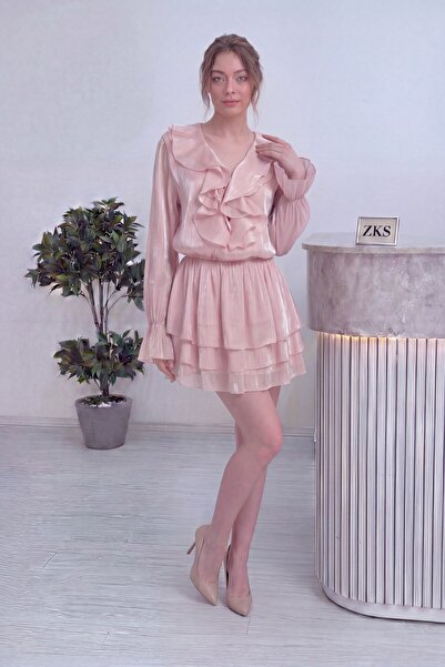 zks grup tekstil Women's Front Tie Ruffled Layered Skirt Mini Evening Dress M...
