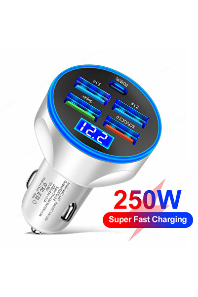 Choice1 شاحن سيارة أبيض بقوة 250 واط مع 5 منافذ، شحن سريع PD QC3.0، شاحن هاتف...