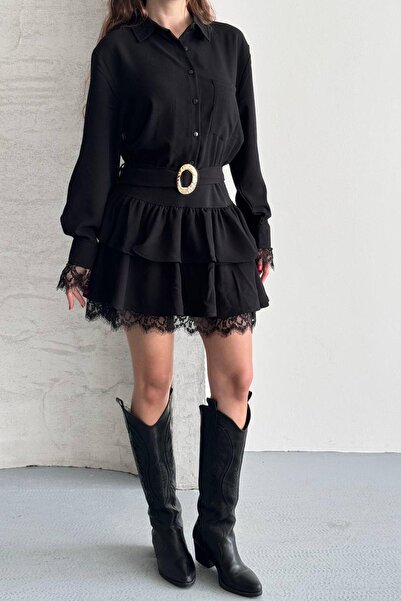Jaglion New Season Lace Detailed Gold Buckle Dress