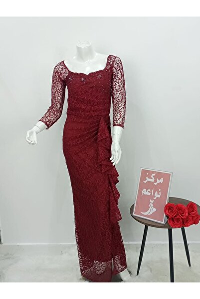 NAWAEIM Luxury Burgundy Lace Long Sleeve Evening Dress with Wrap Style and Li...
