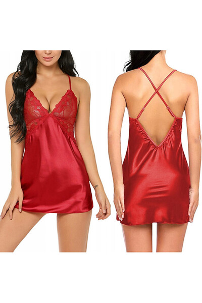 SNM Nightgown & G-string Set, SNM, 100% Polyester, V-Neck, Lace Model, Length...