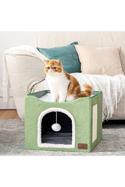 BESTONE 3 Colors Foldable Cat House, 2-in-1 Cat Cave Bed with Scratching Pad,...