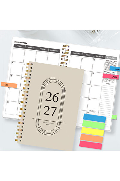 Choice مخطط شهري A5 لعامي 2026-2027 بلون الكاكي، غلاف بيج بسيط، دفتر ملاحظات ...