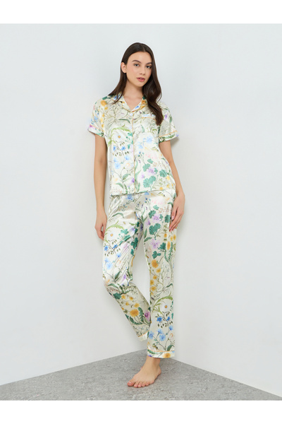 Take Two By Styli Floral Print Short Sleeve Satin Shirt and Pyjama Set