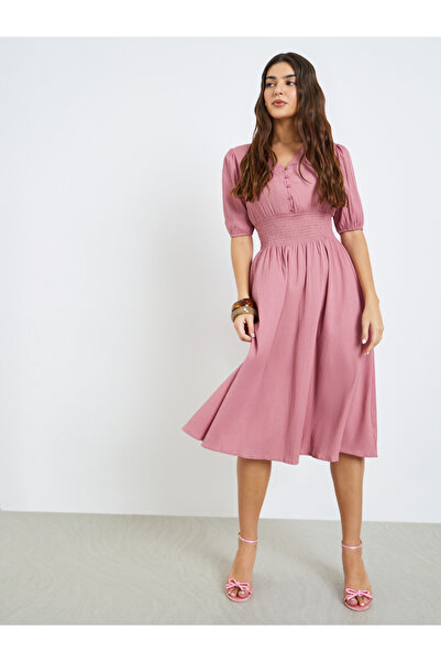 Styli Pink Textured V Neck A-Line Midi Dress