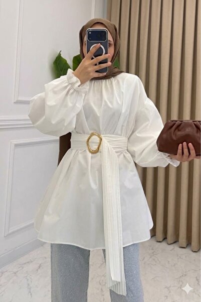 onlymoon قميص تونيك من القطن الأبيض • مزين بحزام مطوي • مقاس كبير مريح • مزيج...