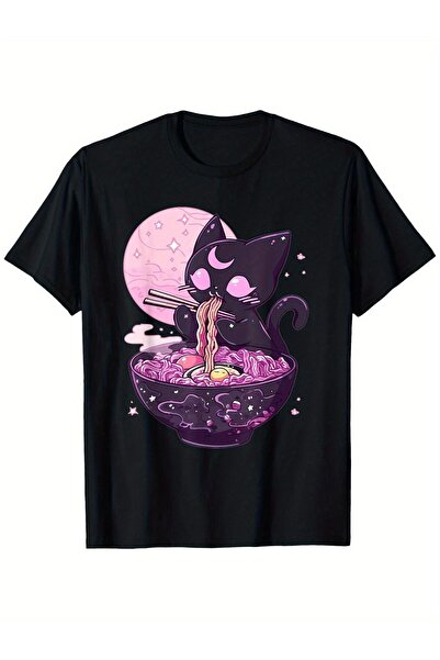 yiou trendy clothing Gothic-style cute and scary cat eating ramen and bread T...