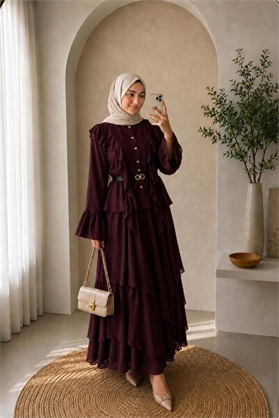 Neşeli Butik Women's Burgundy Ruffle Detailed Top Layered Flounce Skirt Doubl...