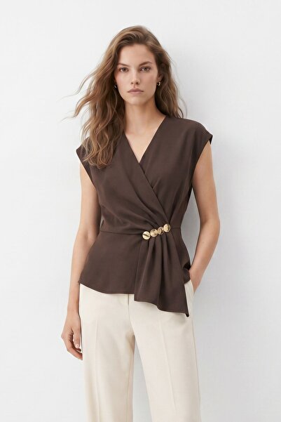 Rays Brown Double-Breasted Collar Zero Sleeve Button Detail Blouse 2854