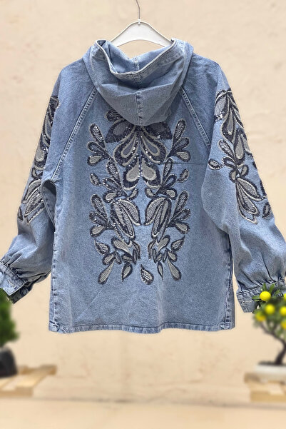 sahnemoda Kapşonlu Kol Ve Sırt Pullu Nakışlı Kot Ceket