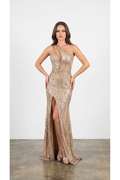 Luna Bride Taşlı Yırtmaçlı Gold Elbise