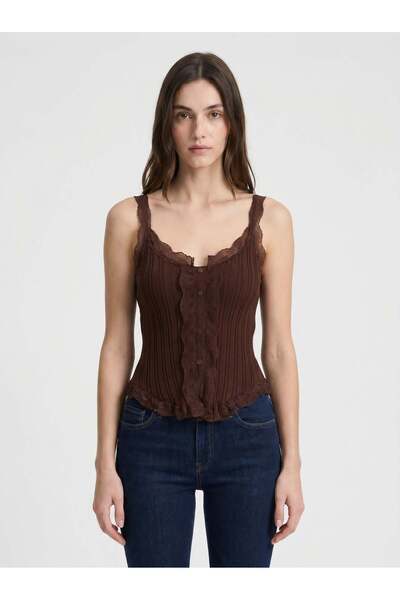 Mixray 2051 Women's Lace Detailed Blouse Brown