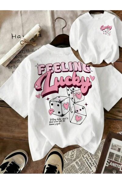 LELVANİ Women's Pink Feeling Lucky Dice Printed T-Shirt