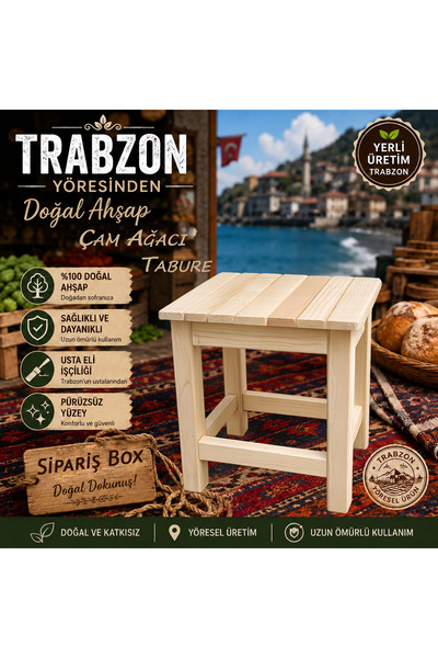 siparisbox Doğal Masif Çam Çok Amaçlı Ahşap Tabure