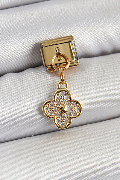 MEKs 316L Steel Dangle Zircon Stone Clover Model Gold Color Nomination Charm ...