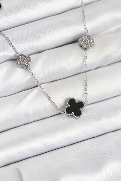 ETC 316L Steel Chain Silver Color Black and Zircon Stone Clover Women's Neckl...