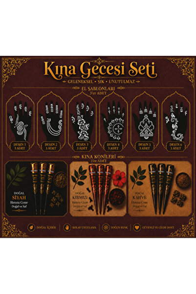 hennadibace Kına Gecesi Seti 6 Desen 18 Adet El Şablonu + 3 Renk 9 Külah Hint...