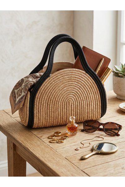 ANKAMOR Women's Light Brown, Black Handle Summer Woven Handbag - Stylish and Elegant Vacation Style Women's Handbag