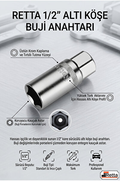 Retta 1/2" 16mm Buji Lokma Anahtarı