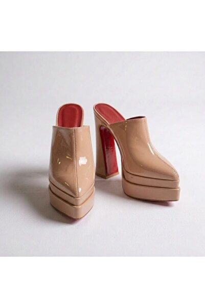 Tarz Topuklar Sortil Nude Patent Leather Double Platform Design Closed Toe Wo...