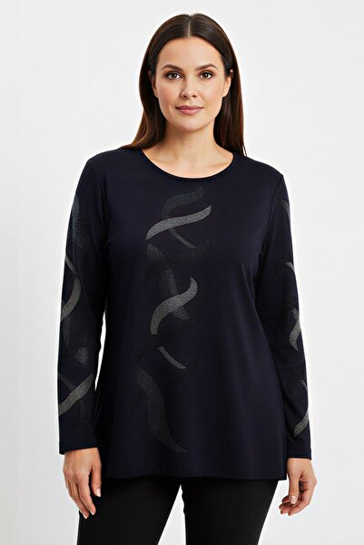 hadiora Women's Navy Blue Stone Detailed Combed Cotton Blouse