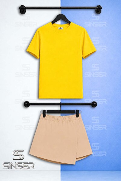 SS SİNSER Kiz Set Plain Unprinted Short Sleeve T-Shirt Shorts Skirt