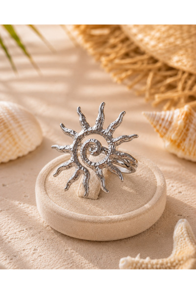 Sylvera Shop Solar Spiral Güneş Figürlü Çelik Yüzük - Ayarlanabilir (Gümüş Renk)