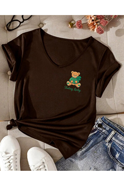 SUNFREE Lucky Teddy Printed V-Neck Regular Short Sleeve Women's Tshirt