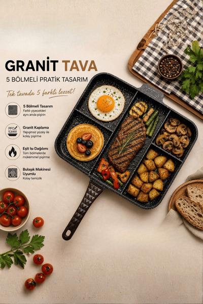 Jenisa 5 Bölmeli Granit Kahvaltılık Tava Bölmeli Pratik Kamp Tavası Yapışmaz ...