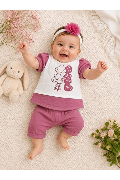 Pure Boutique Dusty purple muslin baby set with teddy bear and headband 3 pieces