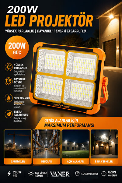 VANER 200W Güneş Enerjili Solar Led Projektör Taşınabilir Sarı Beyaz Ve Çakar...