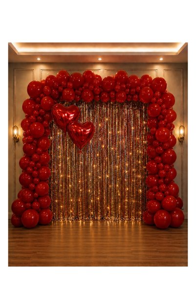 HAPPYLOOPPARTY Kırmızı Kına Gecesi Helyum Balon Seti Led Işıklı Gümüş Metalize Perde Fon Dekor Seti