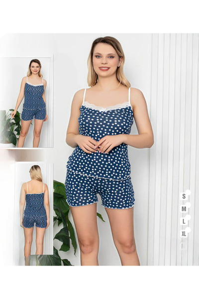 turkish Women's Summer 2 Piece Lounge Set - Navy Polka Dot Lace Trim Tank Top...