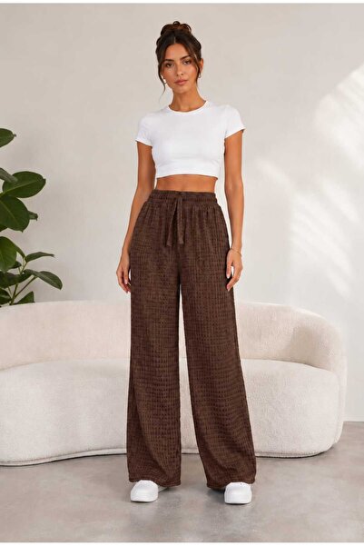 Tenra Women's Palazzo Trousers with Wrinkled Texture, Comfortable Fit, High W...
