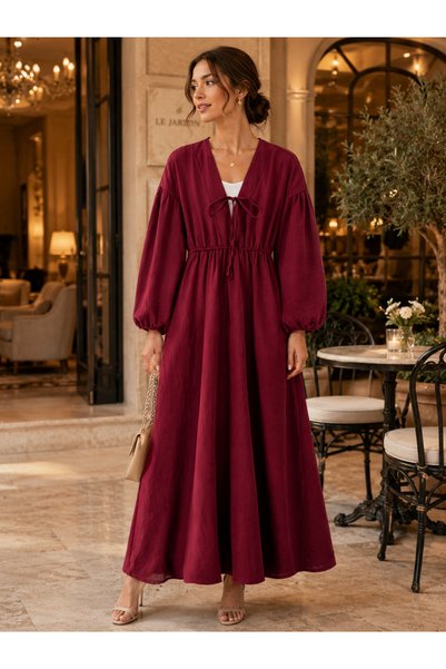 BVOİCE SELECTİONS Yakası Bağlamalı müslin elbise-Bordo - Bordo