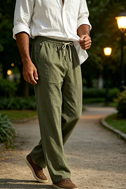 VIKUNYA Men's Khaki Real Linen Cotton Baggy Fit Elastic Waist Loose Cut Comfo...