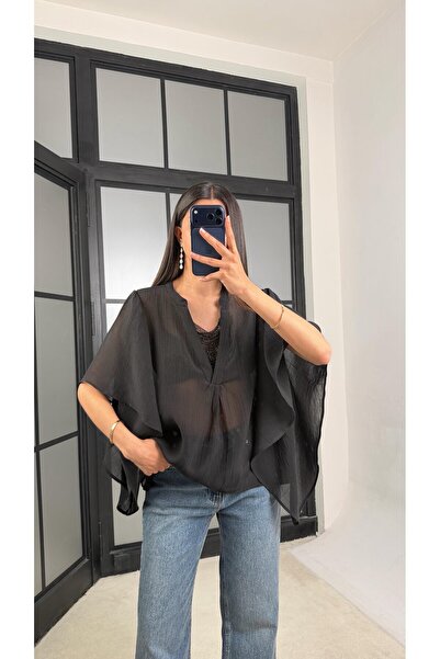 manana fashion Special Design Stone Detailed V-Neck Bat Sleeve Blouse