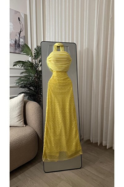 DUBAİ Lemon Yellow Dress That Is Feminine and Eye-Catching with Its Sophistic...