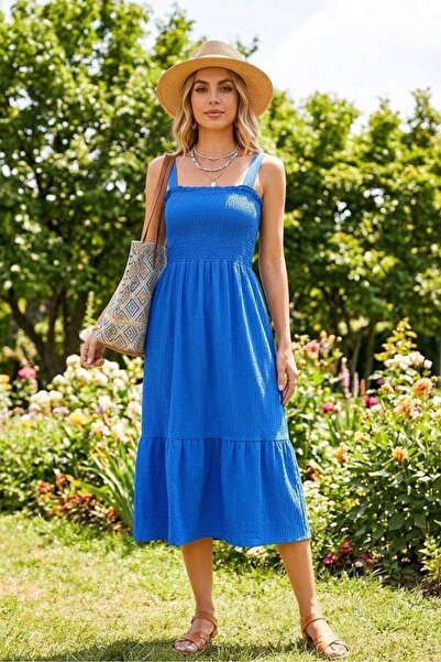 Varyete Women's Strappy Elastic Flared Dress Made of Wrinkled Fabric, Suitabl...