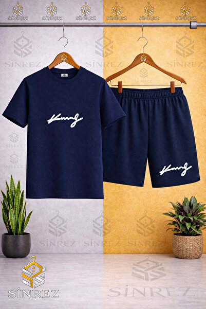 SİNREZ Crew Neck King Signature White Printed T-Shirt - Shorts Set
