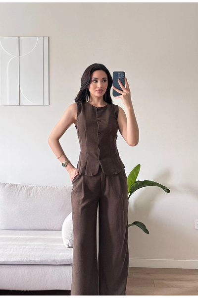 Zoom Butik Ön Düğmeli Yelek Pantolon Takım - KAHVE