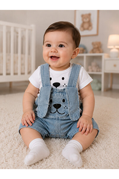 Baby Buu BAÇ- Köpek Kulaklı Ön cepli Kot Salopet Takım / T-shirt-Salopet 2li ...