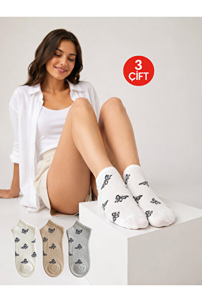 Onouqo 3 Pairs of Butterfly Patterned Women's Socks with Cotton Ribbing