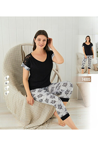 turkish Women's Two Piece Pajama Set - Black Short Sleeve Lace Top with Embos...