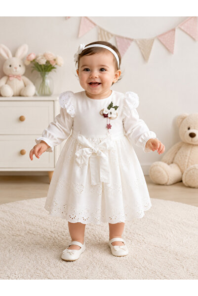 Trendline Baby Girl White Guipure Detailed Dress