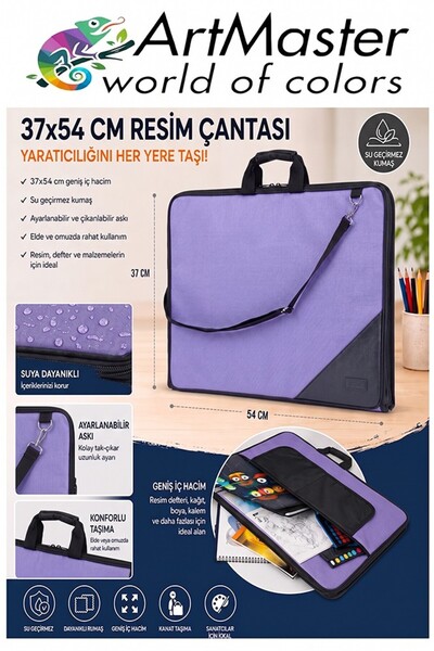 Artmaster Lila Resim Çantası Kumaş 37x54 cm 1 Adet Teknik Resim Dosya Çantası...