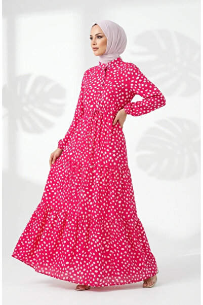 sefamerve Beli Lace-Up Polka Dot Layered Dress 0284-01 Pink