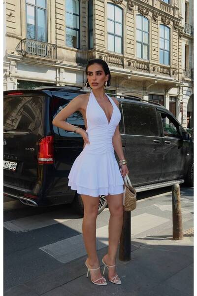 NİCE STYLE Women's Tie-Neck Lycra Mini Dress